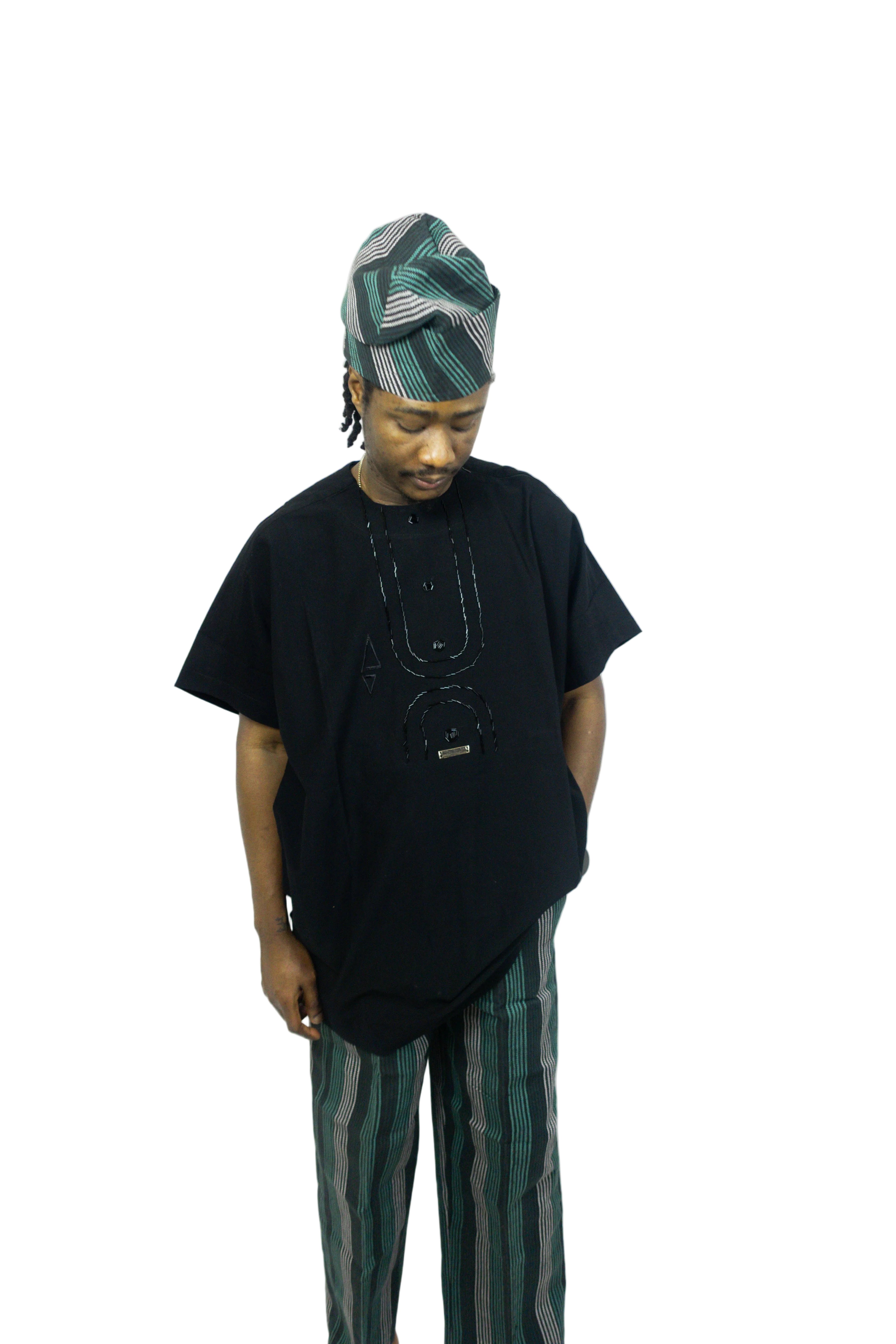 Luxury Three-Piece Nigerian Danshiki for Men with Swarovski Stone Detailing - Balogun green