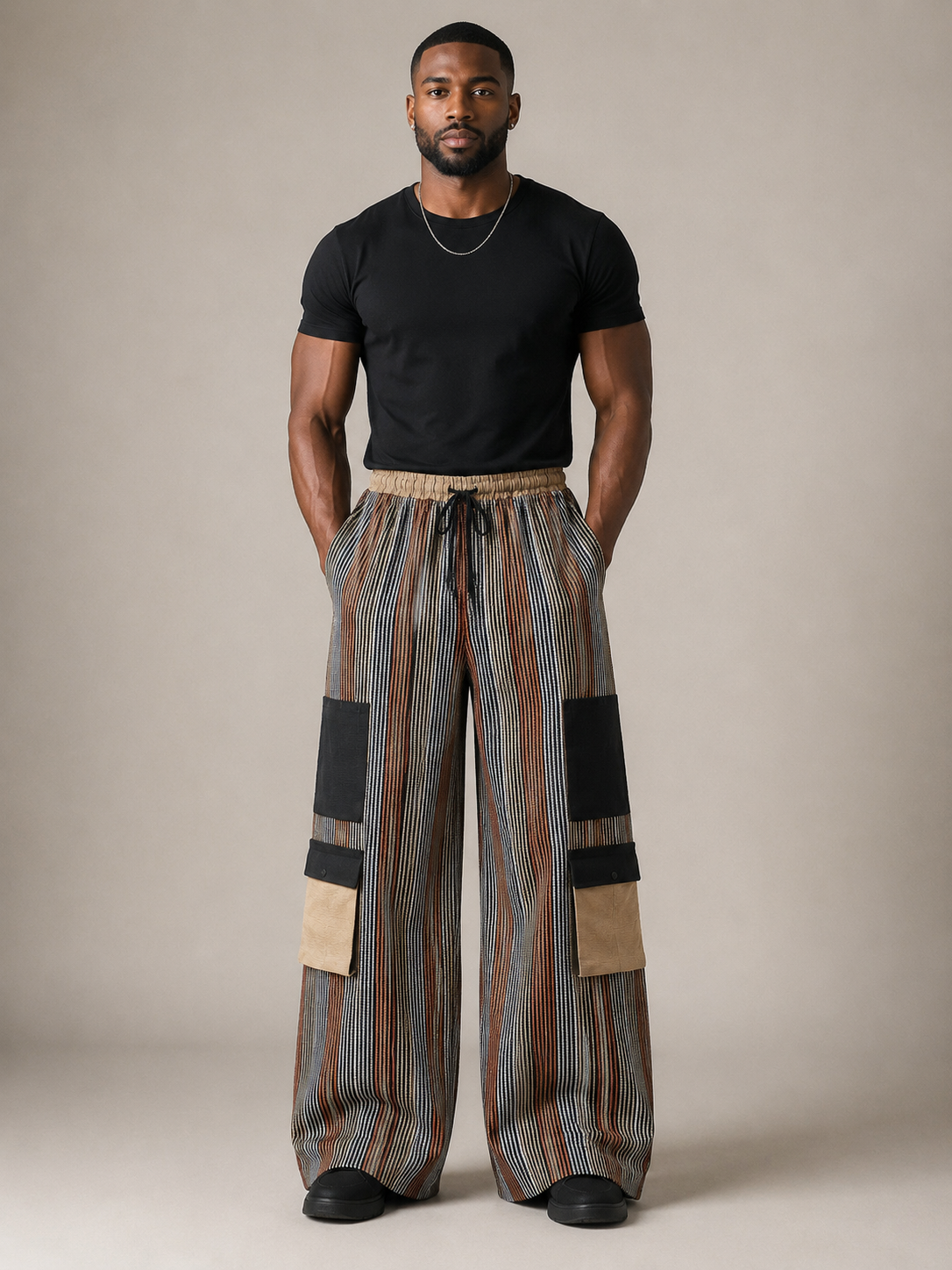 Tade Aso Oke cargo pant with oversized wide-leg fit and premium striped woven fabric