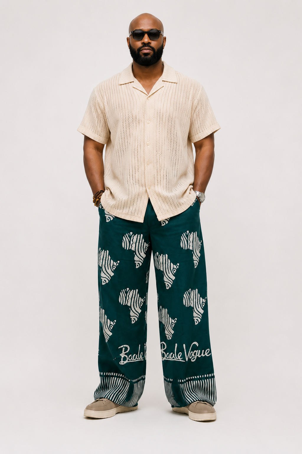 Close-up of Baale Vogue Afri'Pant Adire wide-leg trousers in brown showcasing the signature Adire print and premium craftsmanship.