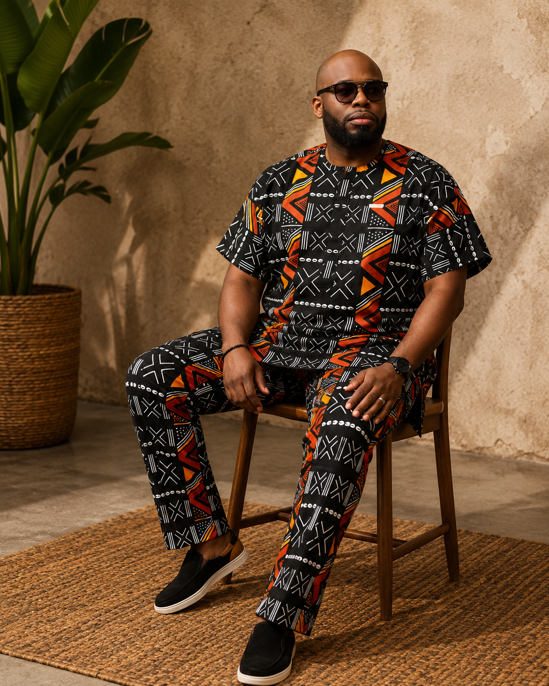 Editorial lifestyle image of Baale Vogue luxury African men's danshiki and trouser set featuring premium black geometric Ankara print, designed in London