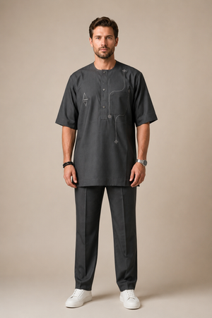 Men's charcoal senator wear with minimalist embroidery and tailored trousers
