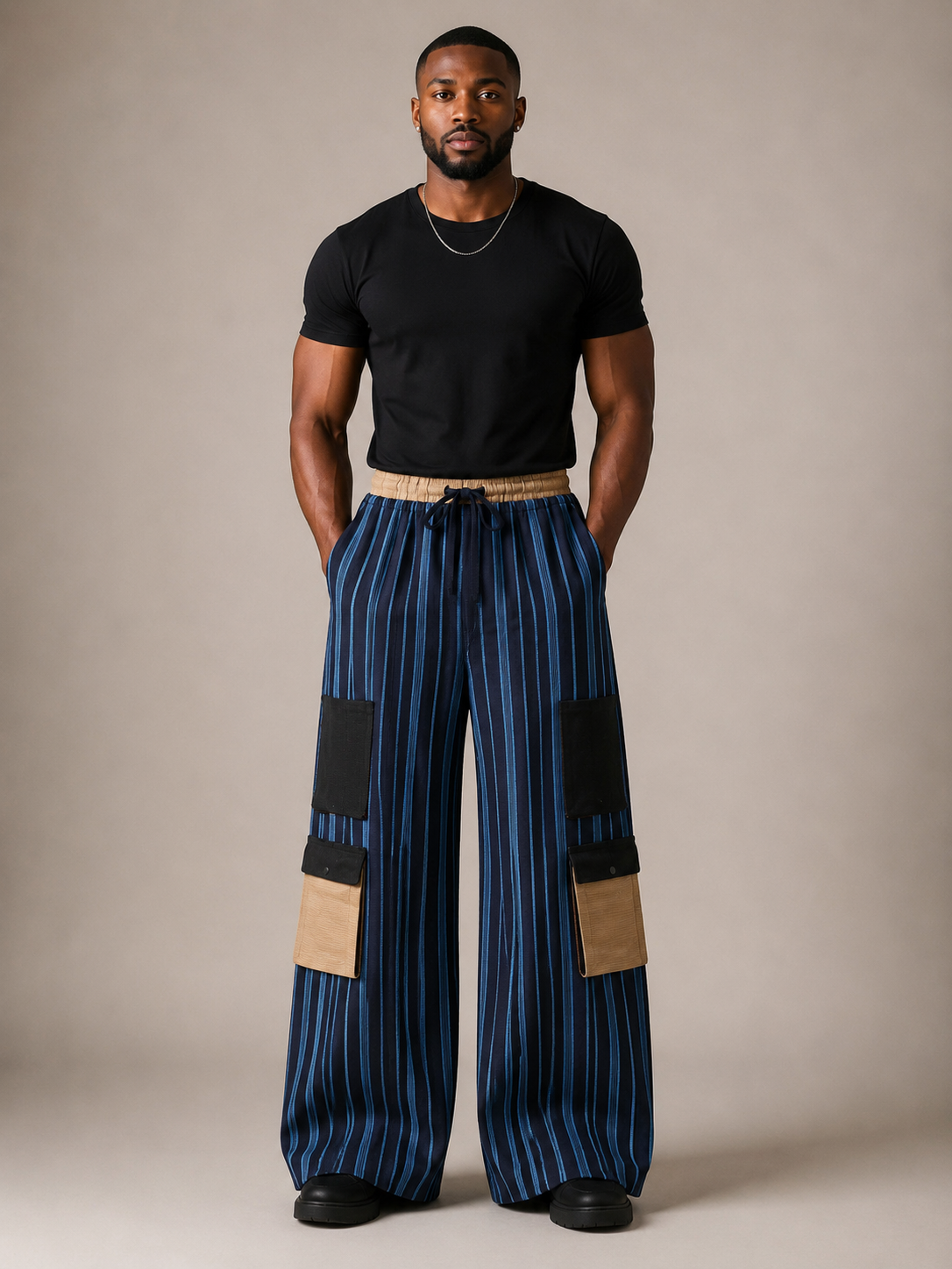 Akin Aso Oke cargo pant with oversized wide-leg fit in premium navy blue striped fabric