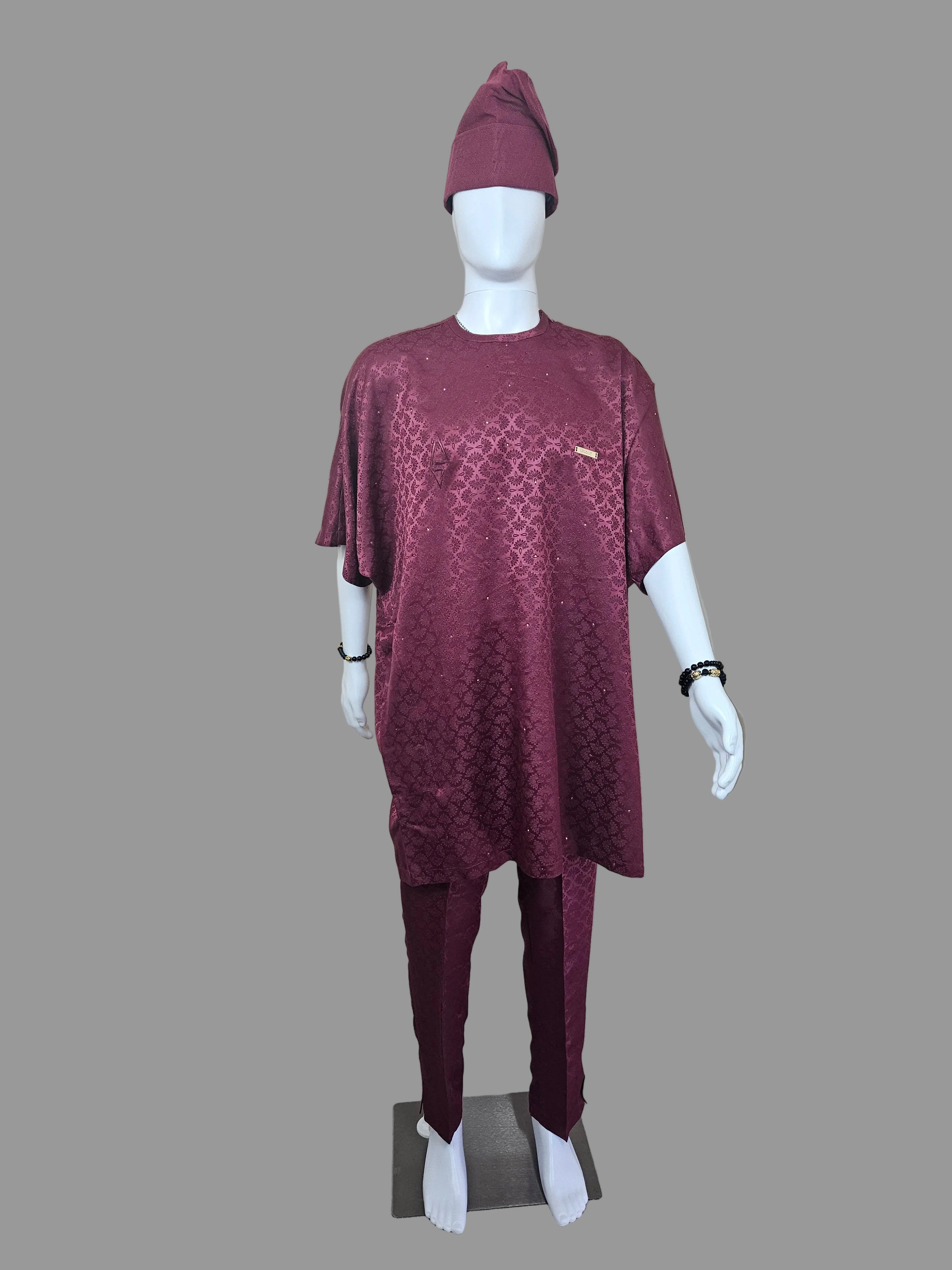 Luxury Two-Piece Nigerian Danshiki for Men with Swarovski Stone Detailing- Maroon
