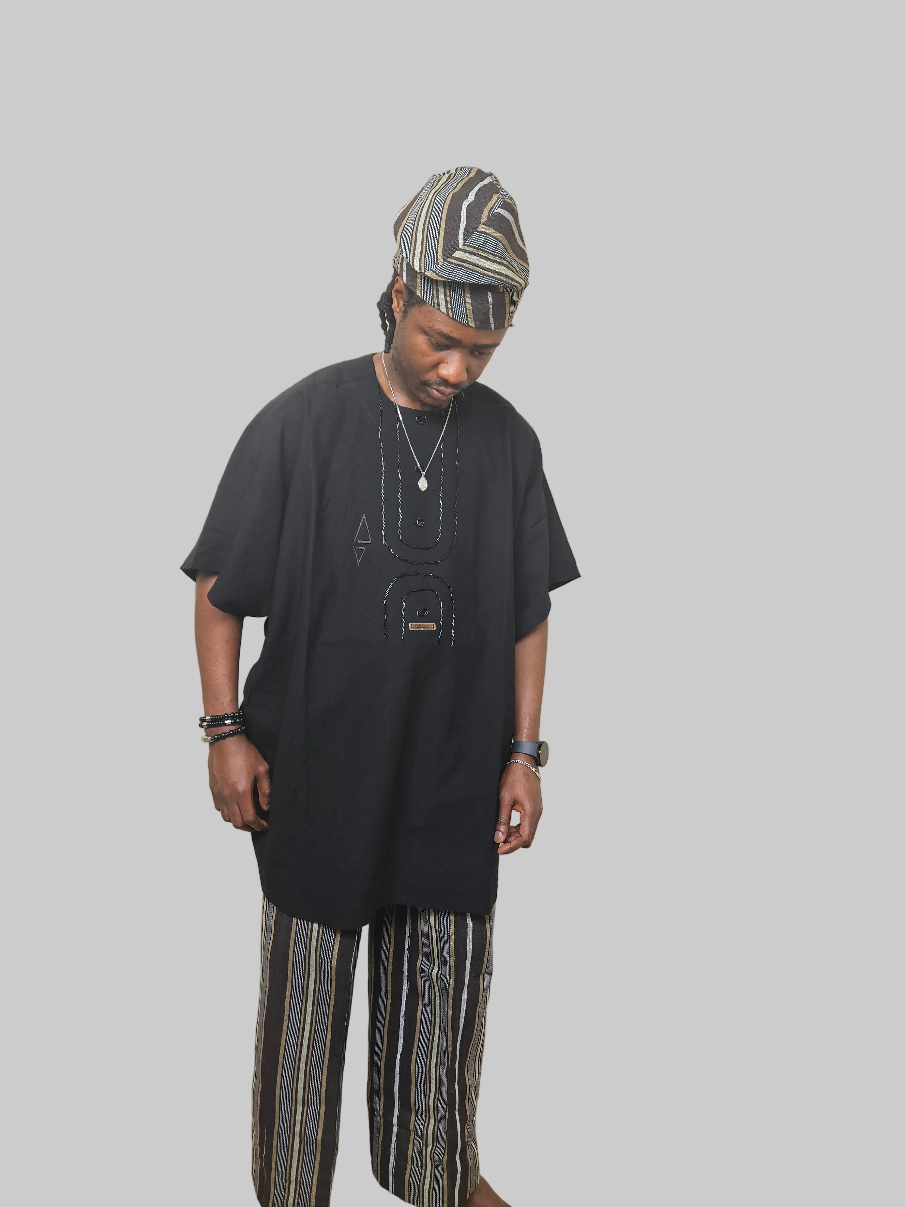 Luxury Three-Piece Nigerian Danshiki for Men with Swarovski Stone Detailing - Balogun brown