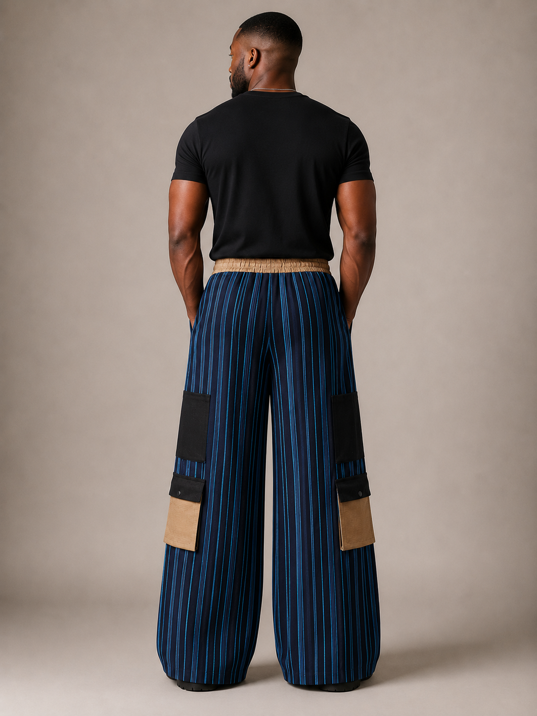 Back view of the Akin Aso Oke cargo pant by Baale Vogue