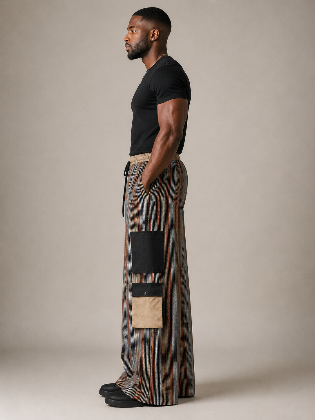 Side view of Tade luxury Aso Oke cargo trousers for men