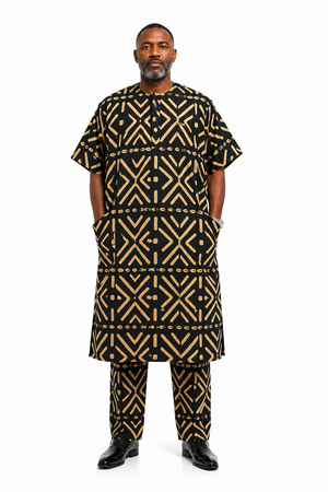 Aafin luxury black and gold geometric print kaftan set for men by Baale Vogue featuring matching trousers and contemporary African design.