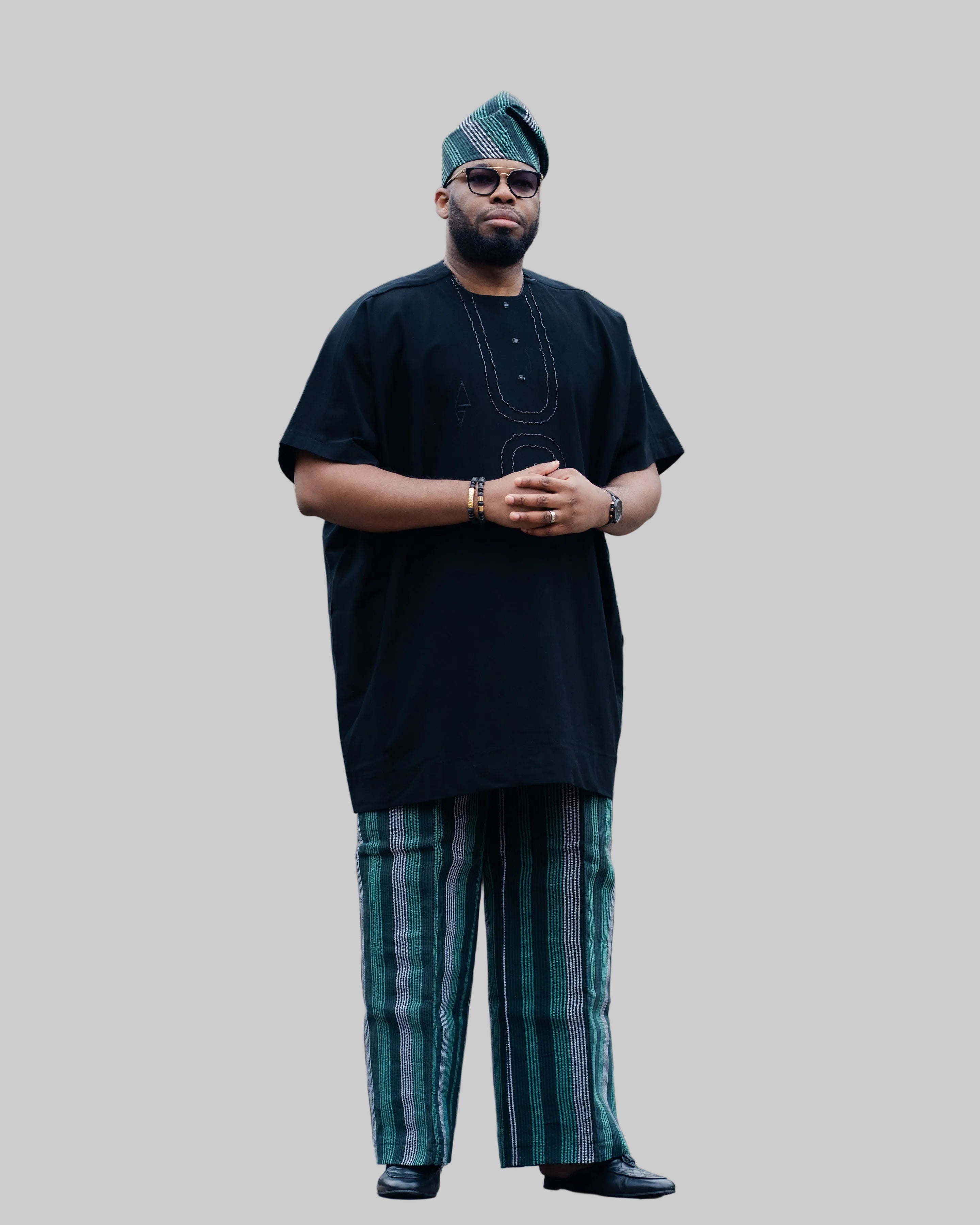 Luxury Three-Piece Nigerian Danshiki for Men with Swarovski Stone Detailing - Balogun green