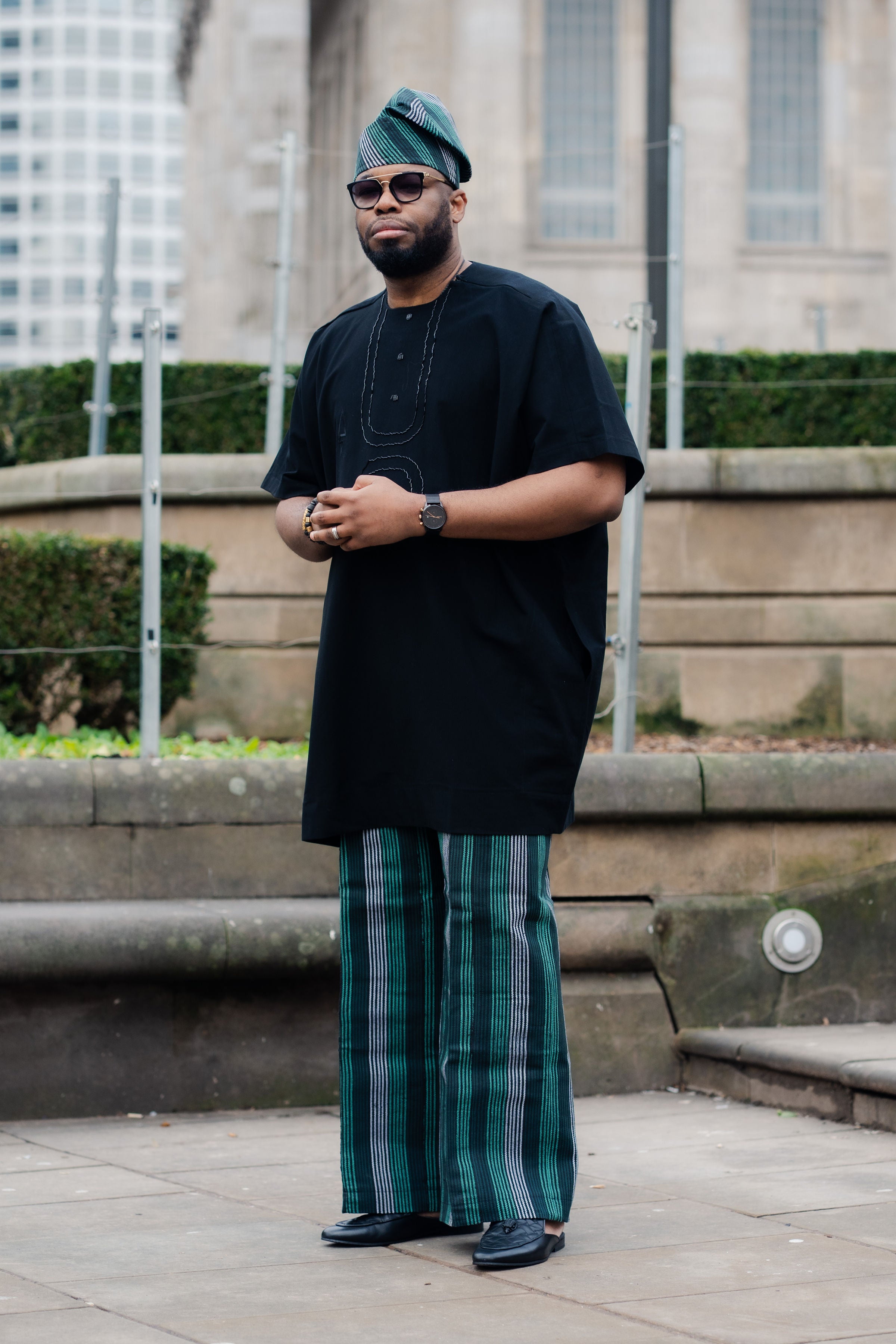 Luxury Three-Piece Nigerian Danshiki for Men with Swarovski Stone Detailing - Balogun green