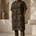 Aafin luxury black and gold geometric print kaftan set for men by Baale Vogue featuring matching trousers and contemporary African design.