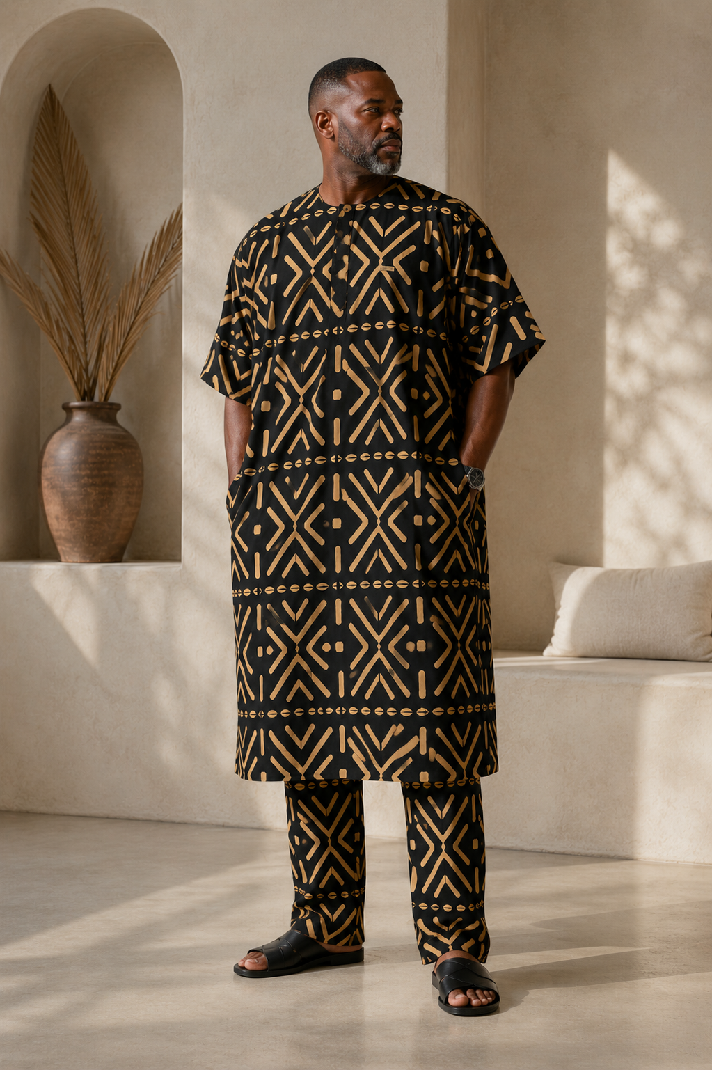 Aafin luxury black and gold geometric print kaftan set for men by Baale Vogue featuring matching trousers and contemporary African design.