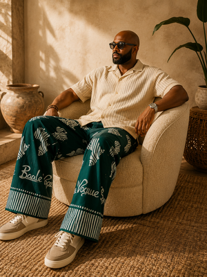 
Afri'Pant Adire wide-leg gree trousers for men by Baale Vogue featuring premium Nigerian-inspired Adire print and relaxed fit.