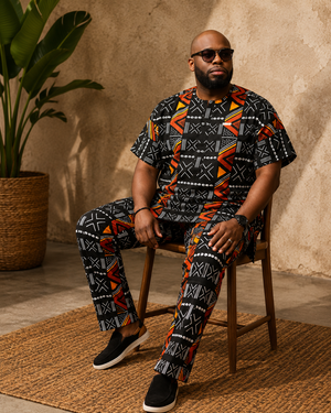 Editorial lifestyle image of Baale Vogue luxury African men's danshiki and trouser set featuring premium black geometric Ankara print, designed in London
