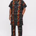 Front view of Baale Vogue black African men's danshiki set featuring bold geometric Ankara print with matching trousers, designed in London.