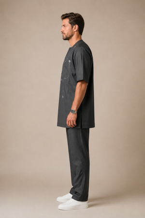 Minimal embroidery detail on premium charcoal senator wear
