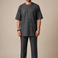 Men's charcoal senator wear with minimalist embroidery and tailored trousers
