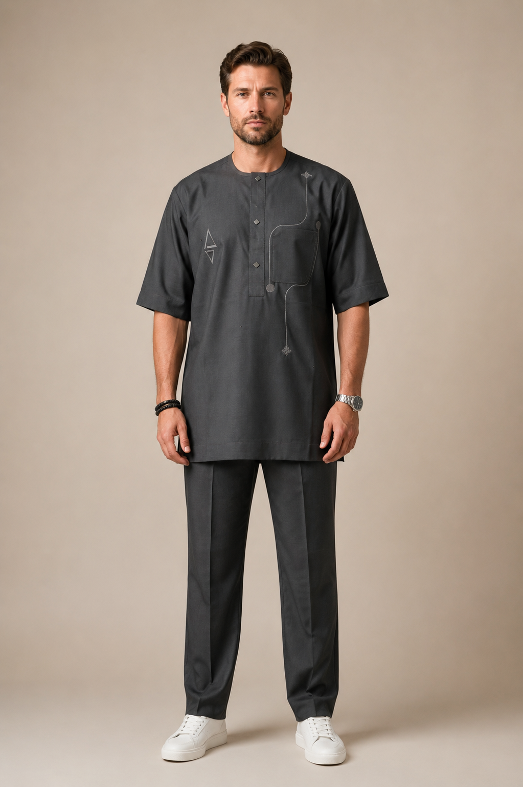 Men's charcoal senator wear with minimalist embroidery and tailored trousers
