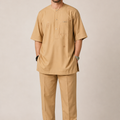 Men's sand-coloured senator wear with minimalist embroidery and matching tailored trousers