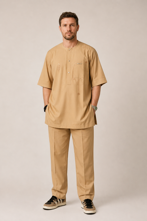 Men's sand-coloured senator wear with minimalist embroidery and matching tailored trousers